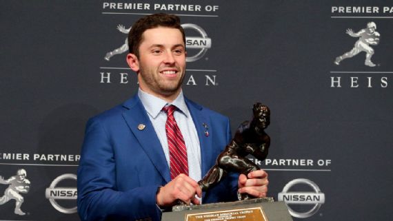 Oklahoma sooner quarterback baker mayfield wins 83rd Heisman trophy award.