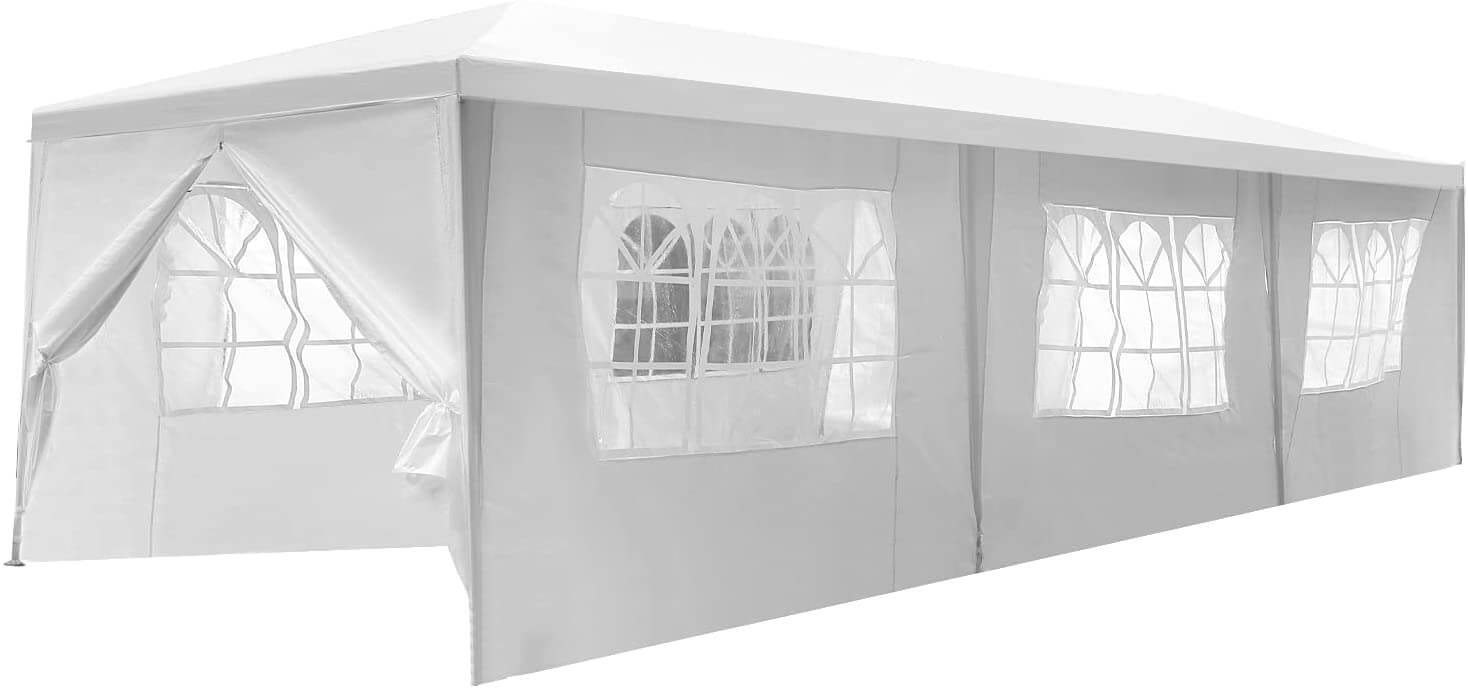 this canopy tent meaures 10x30 feet. Great for weddings and hosting outside parties.