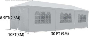 dimensions of this 10x30 canopy tent for parties or weddings.
